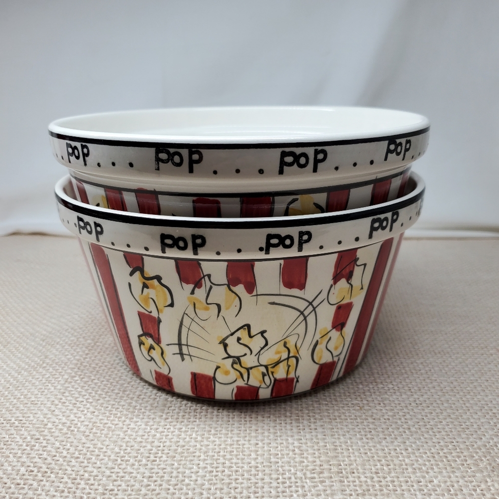 Everyone Loves Popcorn Ceramic Bowls Set Of 2 Movie Night Hand Painted Crafted